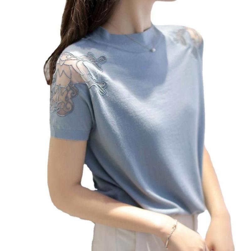 Short-sleeved women's summer new hollow mesh embroidered ice silk short-sleeved knitted top