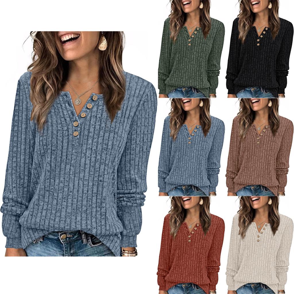 Women's Ribbed Knit Long Sleeve Henley Top Casual Button Front Blouse