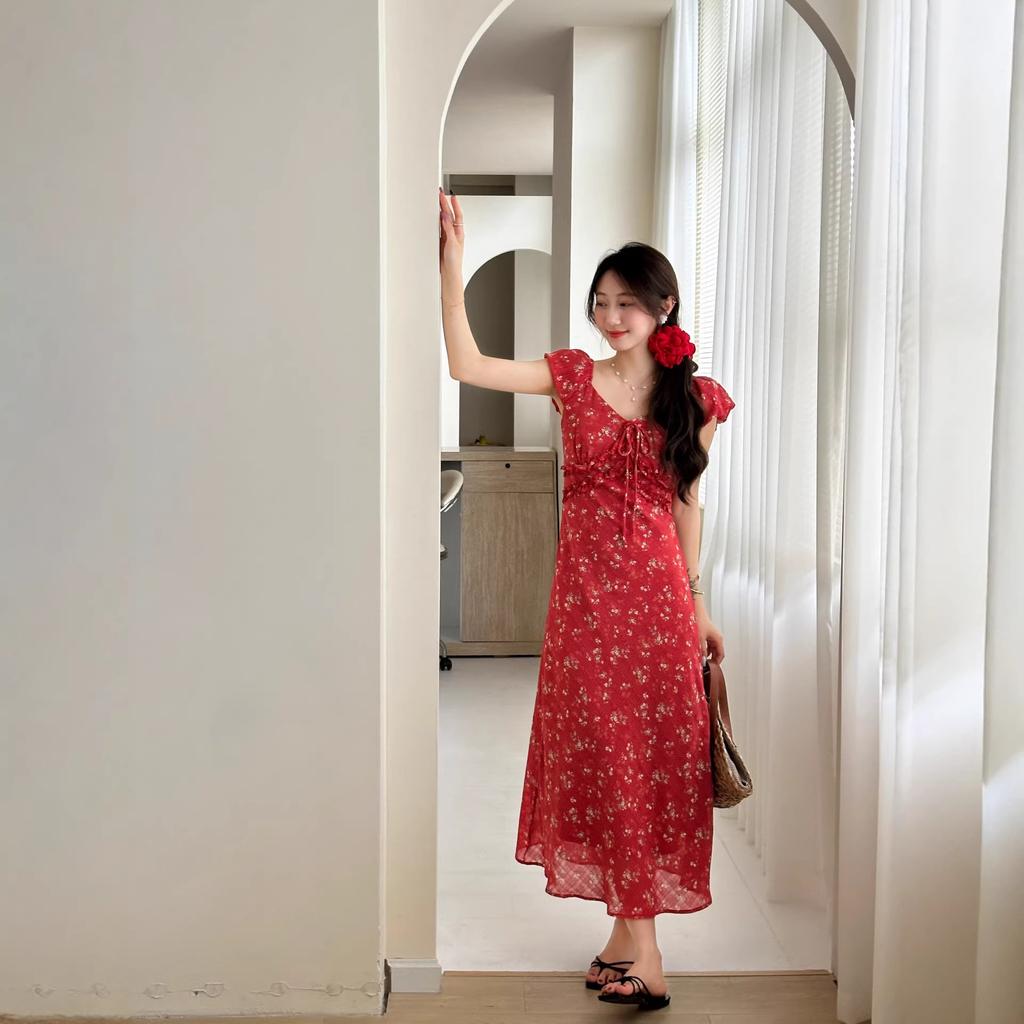 French beautiful V-neck floral dress women's summer new holiday style temperament waist long dress tea break dress