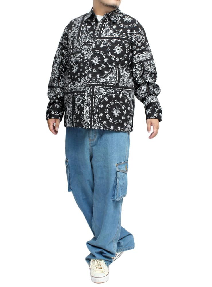 One Colors Denim Shirt Bandana Stretch Long Size Paisley Men's Jacket, Print, Paisley, Camouflage, Sleeve, 2L,