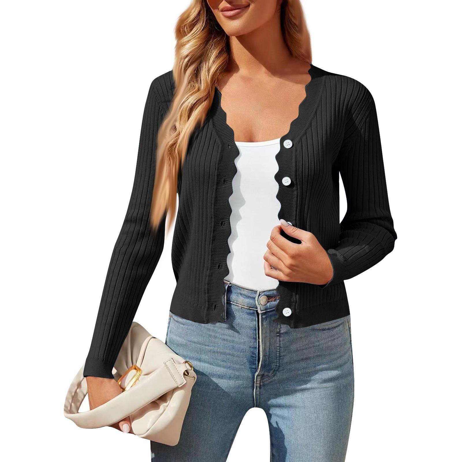 

Женская мода V-образный вырез длинный рукав короткий женский вязаный кардиган свитер пальто XL чёрный