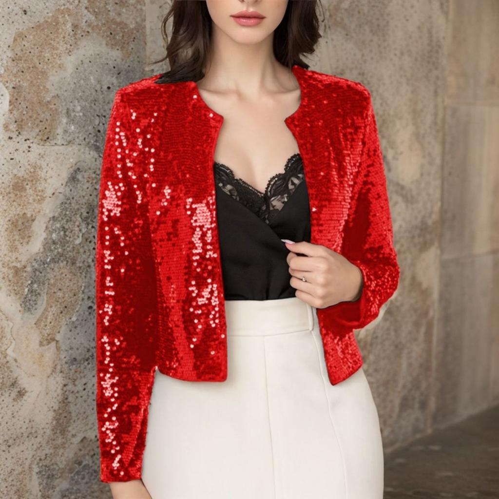 Women Round Neck Long Sleeve Open Front Cardigan Casual Sequin Jacket Lightweight Relaxed Fit Outerwear for Daily Wear