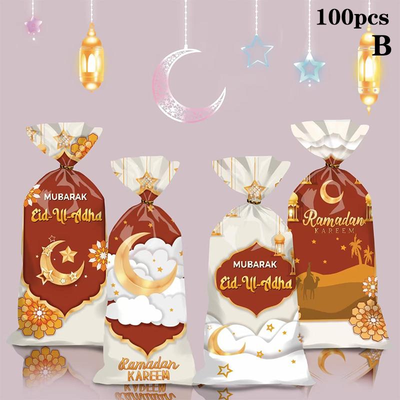 

50/100Pcs 2025 Eid Mubarak Gift Bags Plastic Candy Cookie Bag Ramadan Kareem Decor Islamic Muslim Party Supplies Eid Gifts Bags 100pcs