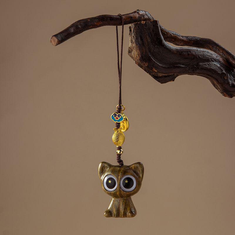 Custom Mobile Phone Lanyard & Hand-Woven Keychain with Sandalwood Cat Pendant
