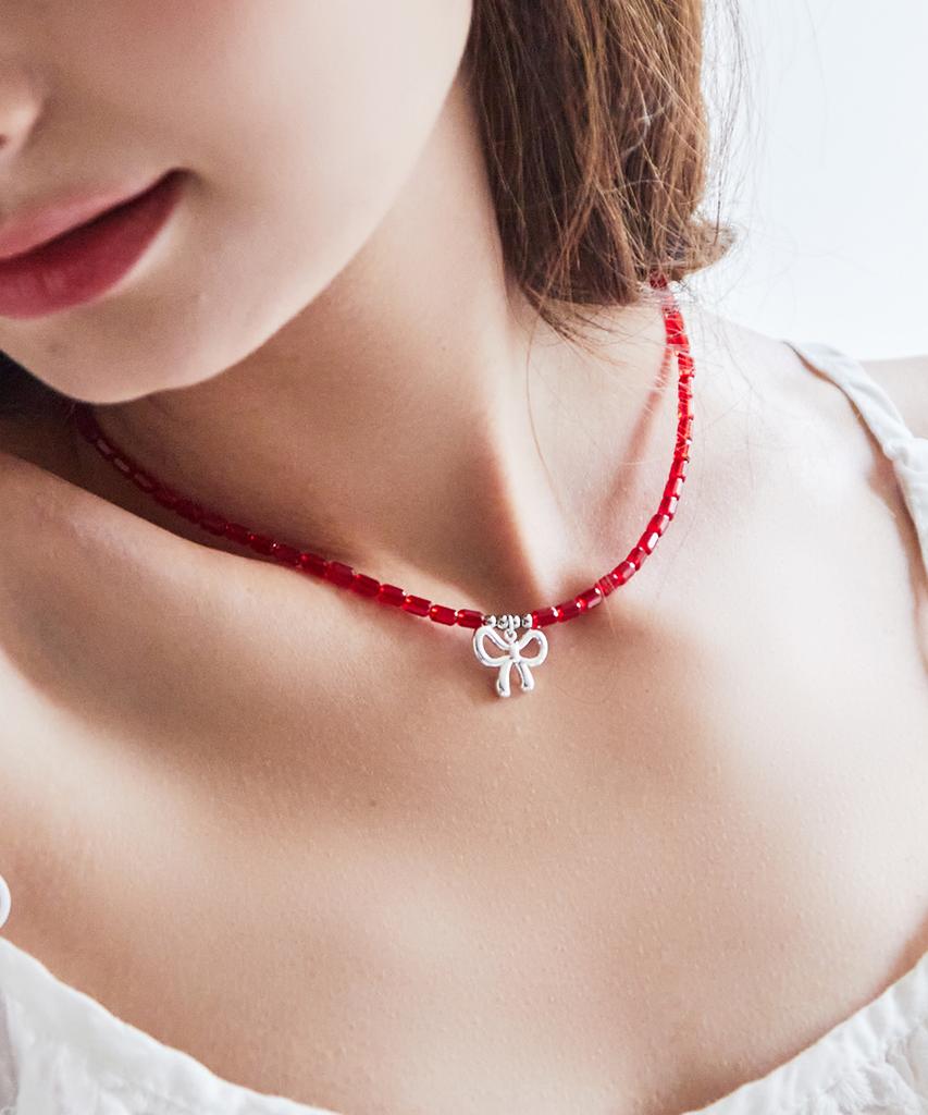 Charmy Red Ribbon Glass Bead Necklace