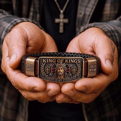 King of Kings Faith Bracelet Adjustable Christ Is My Strength Religious Inspirational Wristband, Christian Wristband Gift for Men Husband Dad