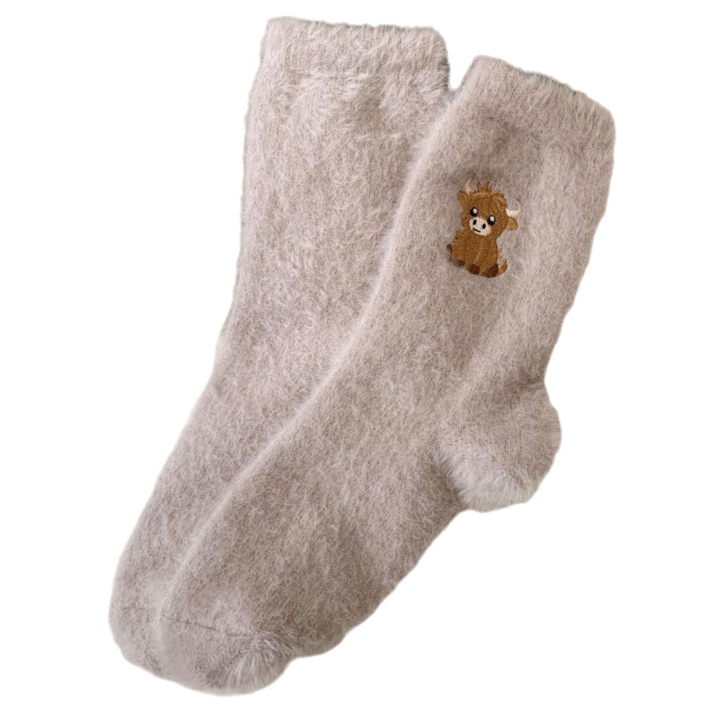 

Embroidered Floor Socks Fleece Thickened Furry Plush Socks Autumn Winter Mid-tube Stockings Women