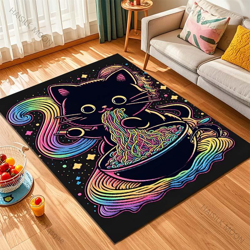 Cute black cat eating noodles Pattern Rug Carpets for Bedroom Living Room Sofa Mat Creative Door Mat Cloakroom Home Decor