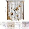 Watercolor Daisy Butterfly Shower Curtain - Rustic Wood Background, 3 Daisies & Butterfly, Vintage Whimsical Romance