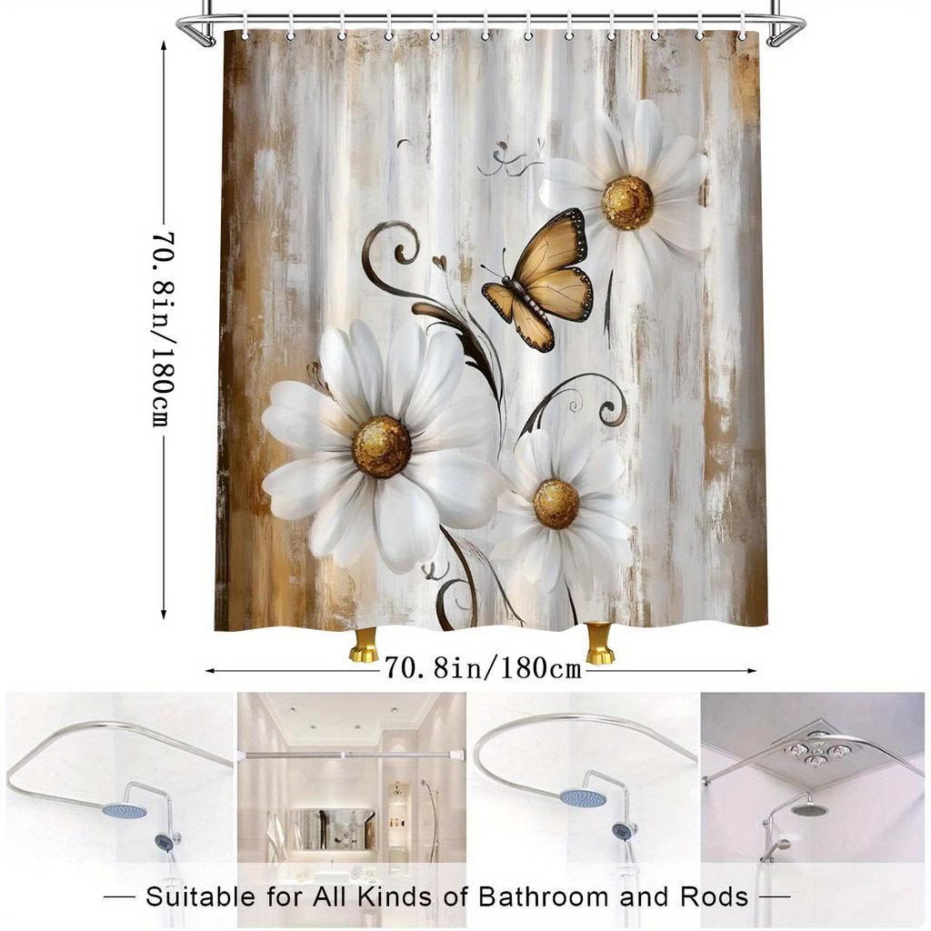 Watercolor Daisy Butterfly Shower Curtain - Rustic Wood Background, 3 Daisies & Butterfly, Vintage Whimsical Romance