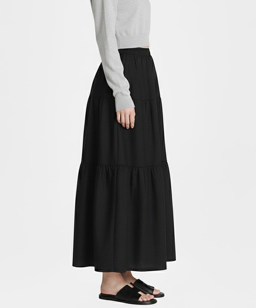 Keulleiseu Tiered Knit Skirt_Black