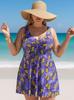 Plus Size Two-Piece Tankini with Swim Skirt and Printed Briefs In Blue Yellow
