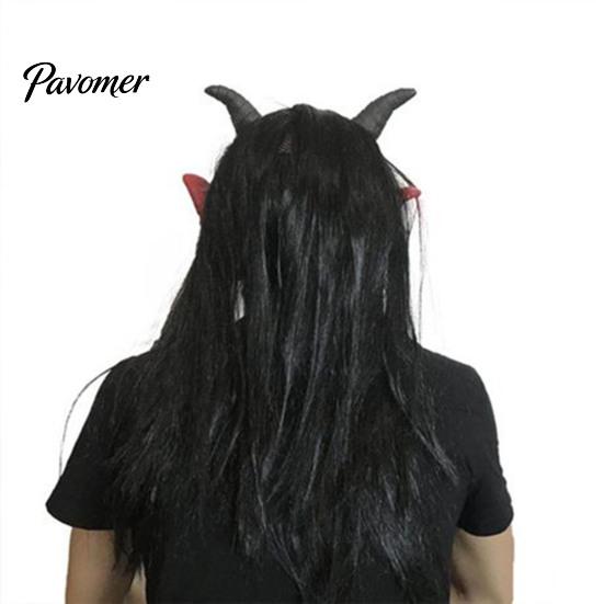 Máscara de Diablo para Halloween Máscara de Satán, Disfraz Realista de Cabeza Completa de Látex con Accesorios Largos y Escalofriantes de Cuernos Rojos y Colmillos, Accesorios de Fiesta de Cosplay Aterradores
