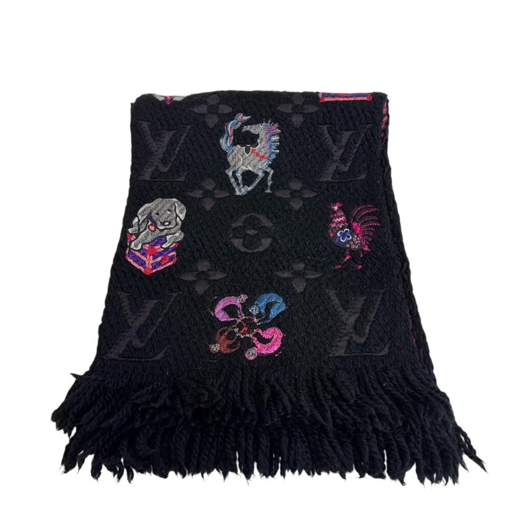 LOUIS VUITTON M71578 Escalp Logo Mania wool Super Station Scarf black wool Women Used