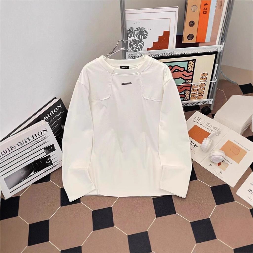 White bottoming shirt men's deconstruction shoulder padded sweater men's niche design sense heavy long-sleeved T-shirt ruffian handsome sense top