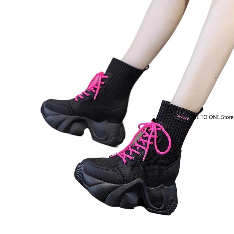 2025 Spring Women Thick Sole Ankle Boots Autumn Casual Boots Women's 7cm High Heels Wedge Boots Shoes Woman Sneakers