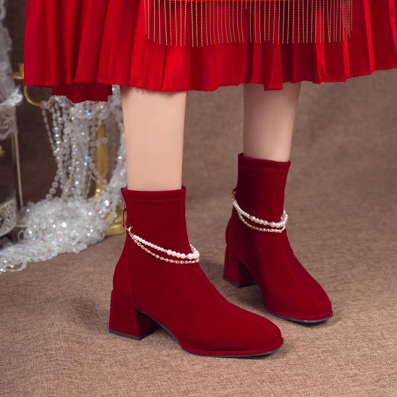 Fashion Women's Thick Heel Cotton Boots Winter New Square Head Suede Back Zipper Anti-slip Wear-resistant Short Tube Wedding Shoes
