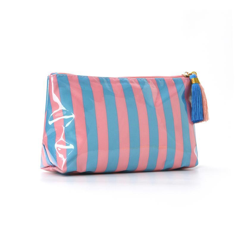 PVC Striped Cosmetic Bag Fringe Trim Waterproof Zipper Closure Portable Makeup Pouch Lightweight Toiletry Case for Travel