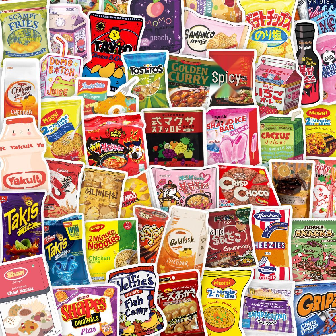 

50 Waterproof Cartoon Snack Stickers for Journals, Notebooks, and Phone Cases
