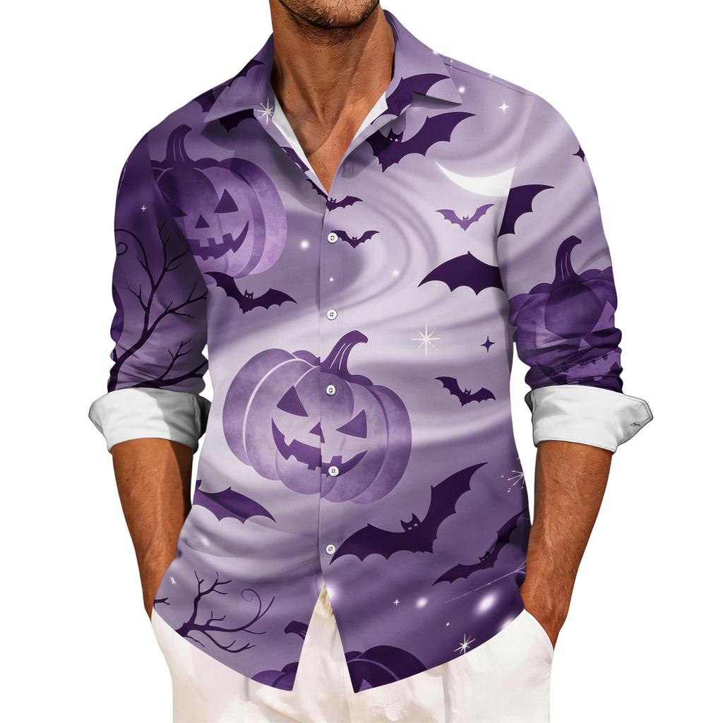 Men's Loose Fit Long Sleeve Shirt Halloween Pumpkin Print Casual Button Down Shirt Vintage Style Breathable Fabric Comfortable for Outdoor Workwear