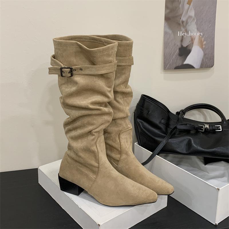 Rich and noble, pointed thick heels and thin boots, stacked boots, belt buckle, Korean pleated high-heeled boots, thin boots