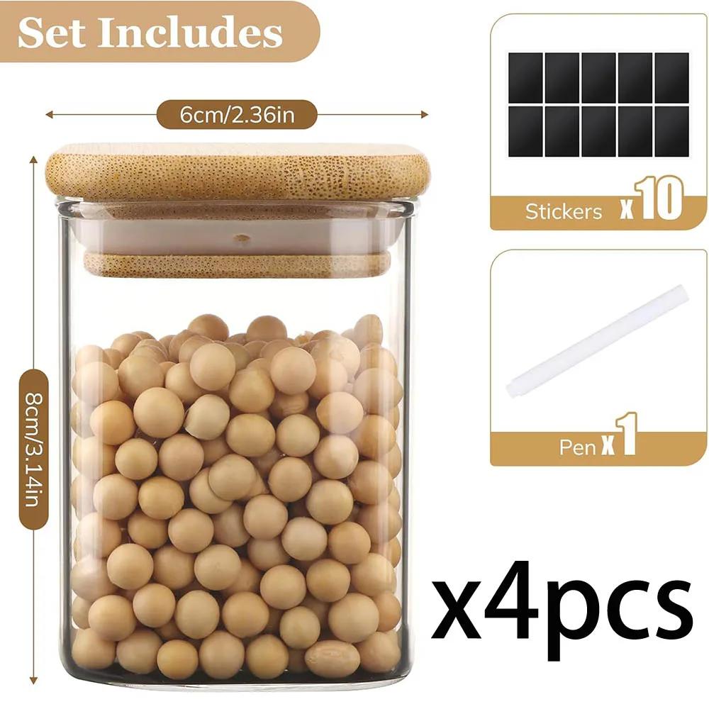 9oz Glasbehälter mit luftdichten Bambusdeckeln - Klare Glas Vorratsbehälter Kleines quadratisches Behälterset für Küchengewürze