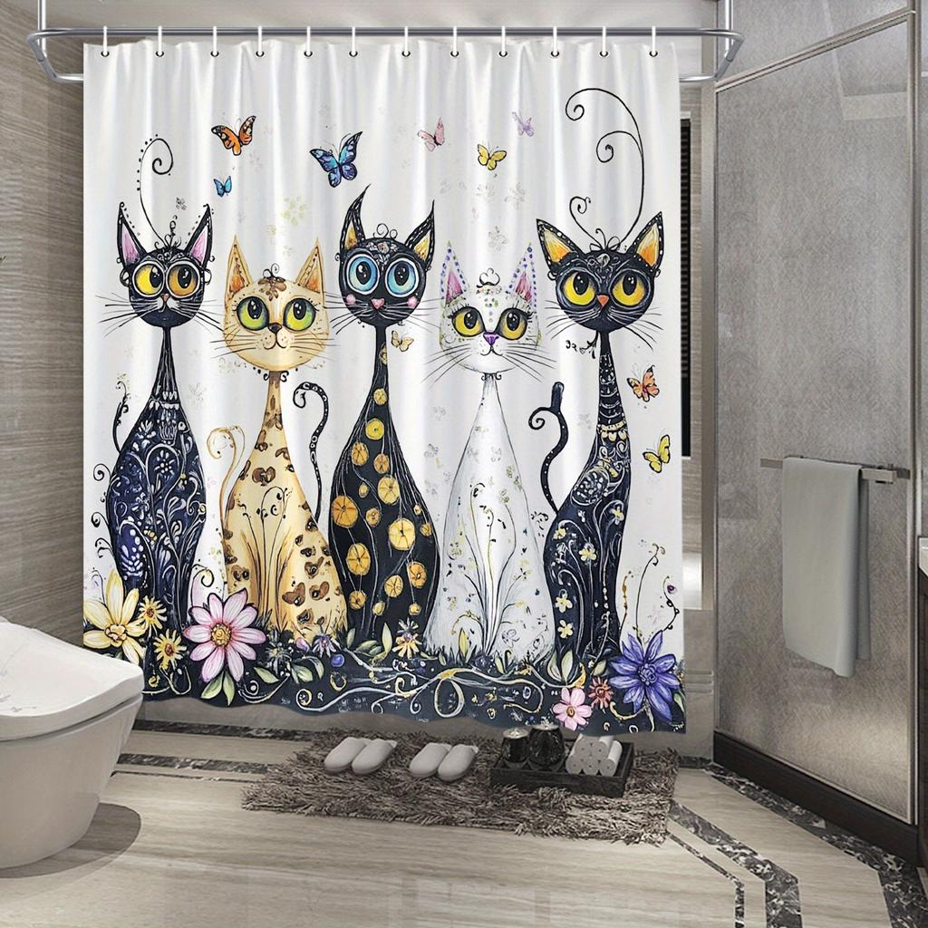 Whimsical Cat Shower Curtain - Fun Hand-Drawn Design With Floral & Butterfly Accents, Water-Resistant Polyester Fabric