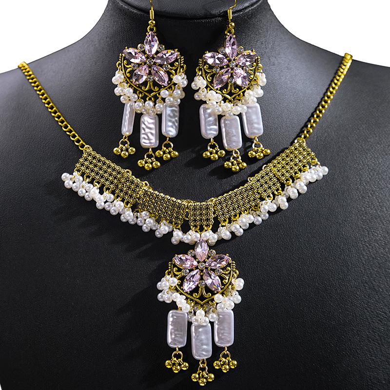 Bohemian Crystal Jewelry Set: Ethnic Tassel Necklace & Earring with Rhinestones