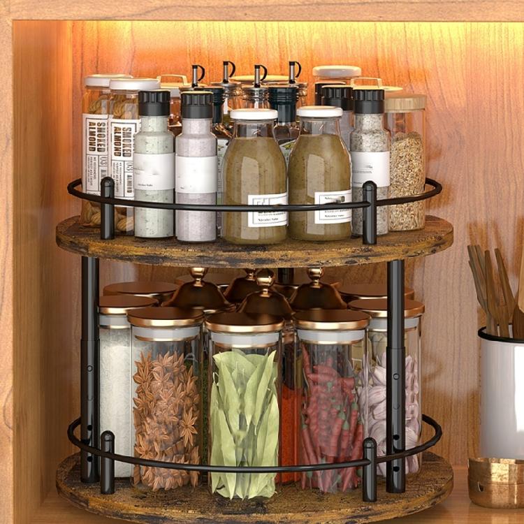 Portable Rotating Spice Holder With Sturdy Wood Construction And Adjustable Shelf Levels