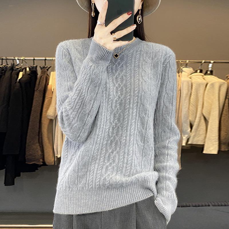 Women's Solid Color Wool Knit Sweater: Round Neck, Cashmere, Jacquard, Autumn/Winter Pullover