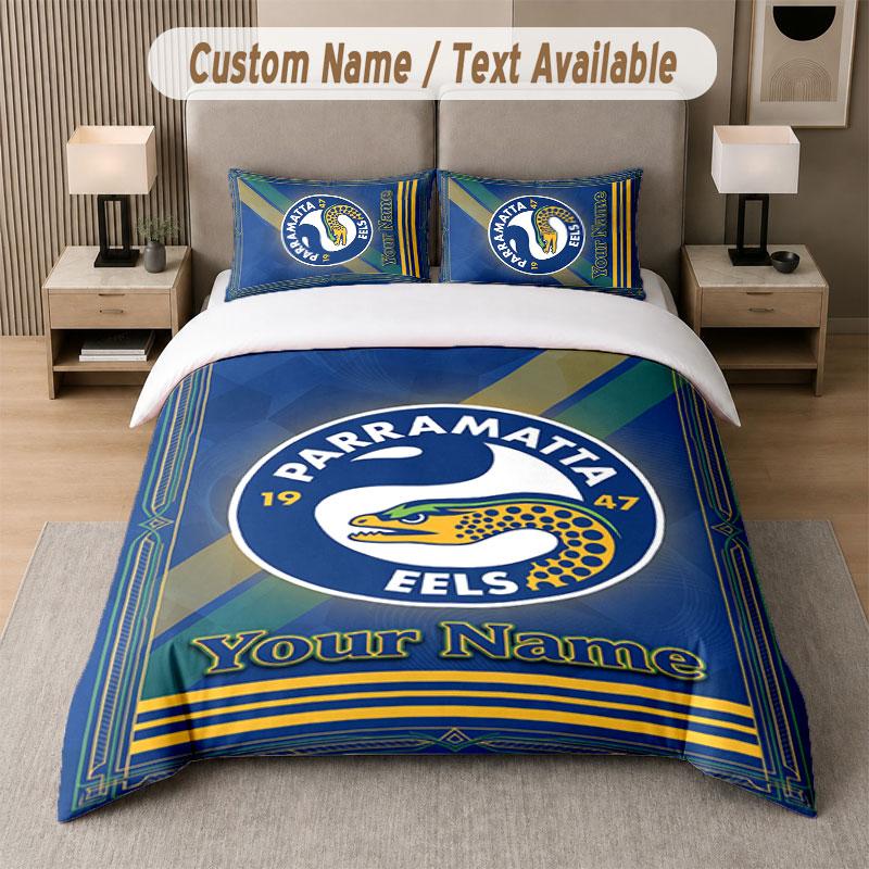 Custom Bedding Set Parramatta Eels Pattern, Print Name Text 1 Duvet Cover Plus 2 Pillowcases Home Textile