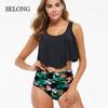 Large Size Women's Fashion Modest Two Pieces Swimsuit Padded Ruffled Top High Waisted Bottom Swimwear Set Printed Backless Tankini Bathing Suit