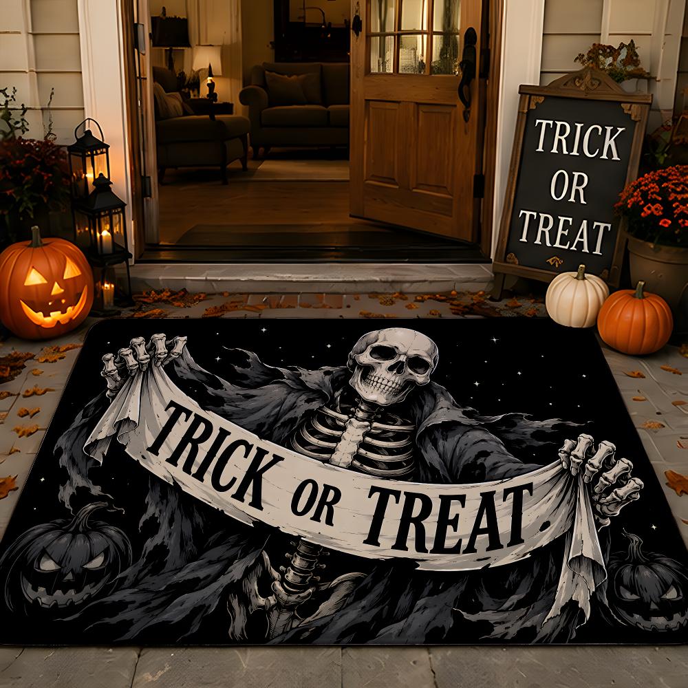 Dark Skeleton Halloween Banner Signs Floor Mat Festive Decorative Flannel Non-Slip Washable Mat for Entry & PartyParty-Ready
