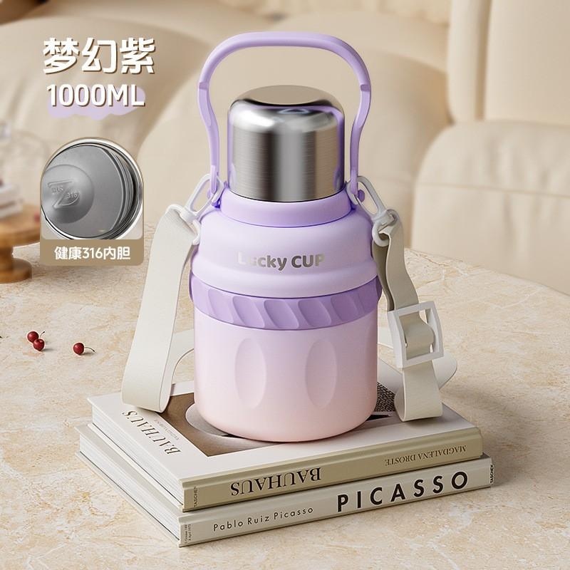 Large Capacity Vacuum Insulated Stainless Steel Water Bottle Women 800-1500ml Triple-Lid Design Portable Travel Cup