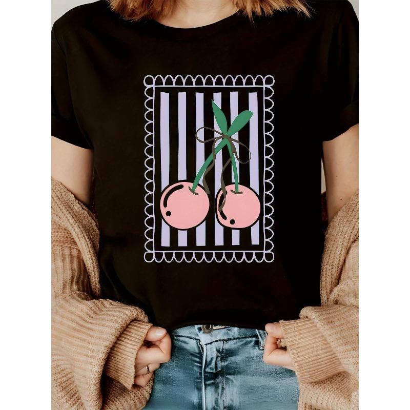 

Cherry Stripe Printed Short Sleeved T-shirt, Graphic Shirts, Casual Round Neck Women s T-shirt, Women s Clothing, Teacher s T-shirt 4XL чорний