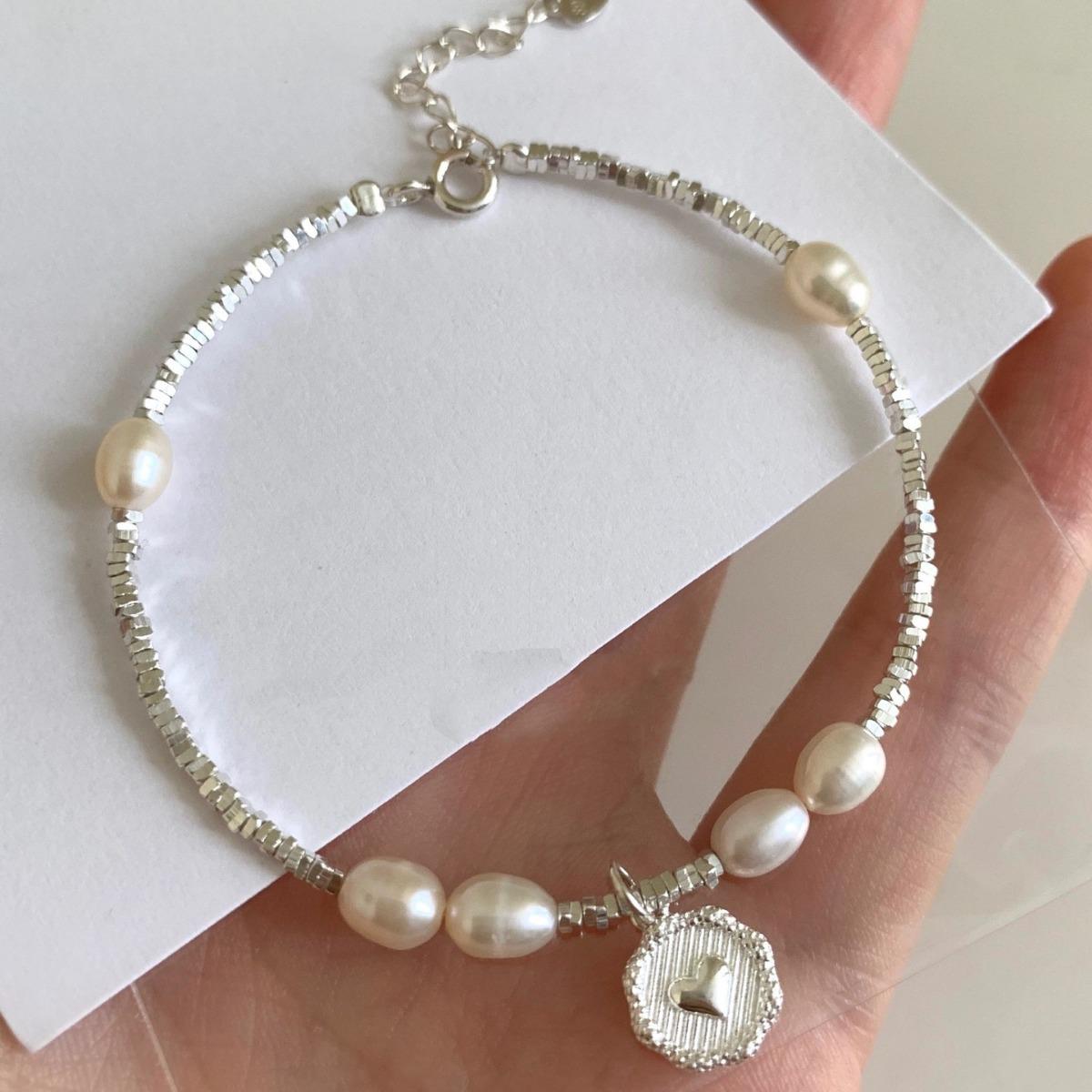 

S925 Sterling Silver Heart Bracelet with Natural Pearl - Elegant Women s Jewelry