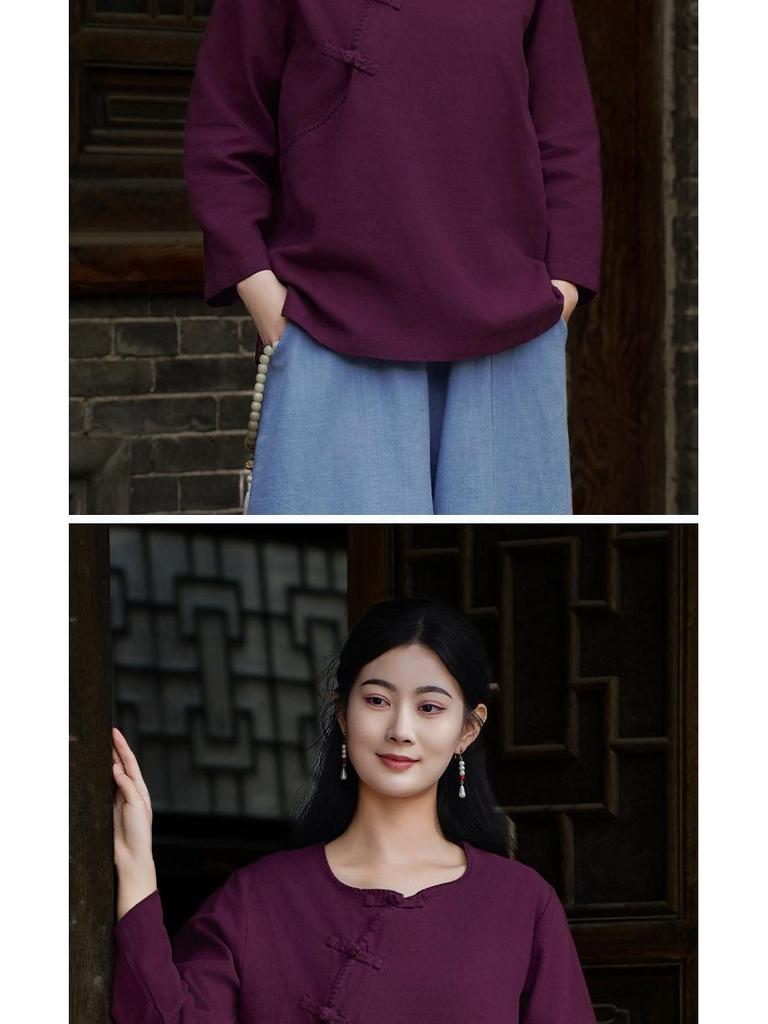 Spring & Autumn Retro Solid Color Cotton-Linen Zen Tea Top with Oblique Lapel & Frog Button