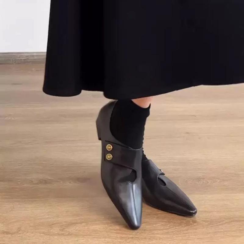 Sheepskin Version~ Super Soft Small Gold Buckle Pointed Small Leather Shoes Women's Design Thick Heel Versatile Household Shoes