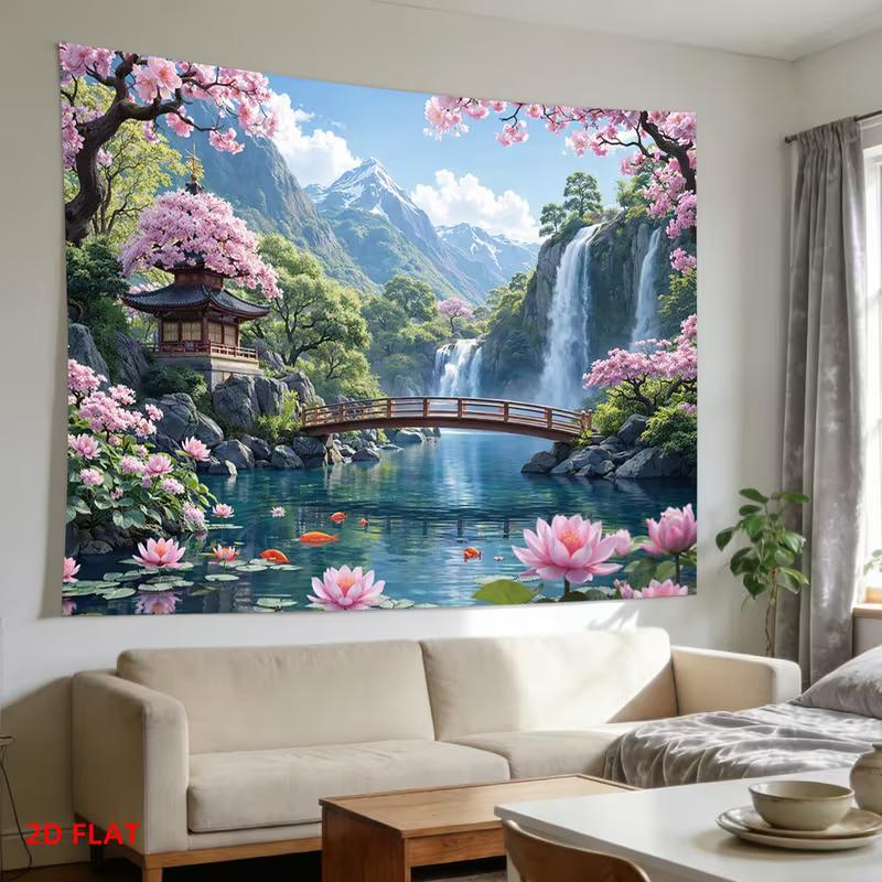 2D Zen Temple Waterfall Tapestry for Yoga Studio, Meditation Room & Bedroom Wall Decor