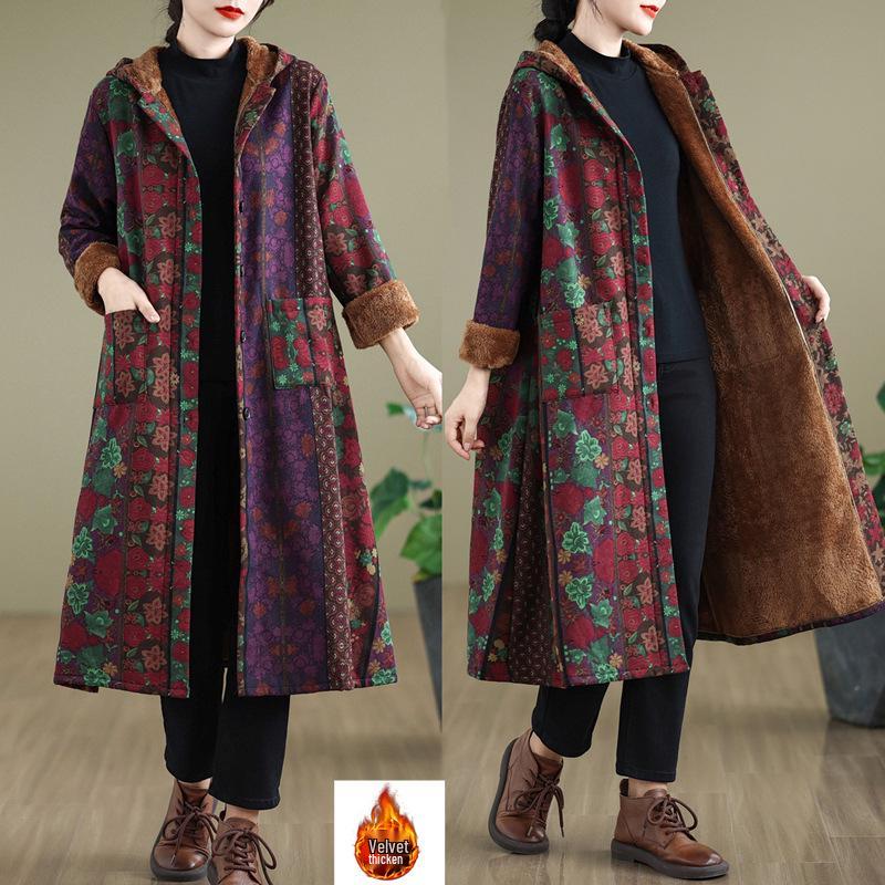 Women's Plus Velvet Thickened Hooded Windbreaker - Autumn/Winter 2026 Warm Loose Fit Cotton Jacket, Plus Size Outerwear