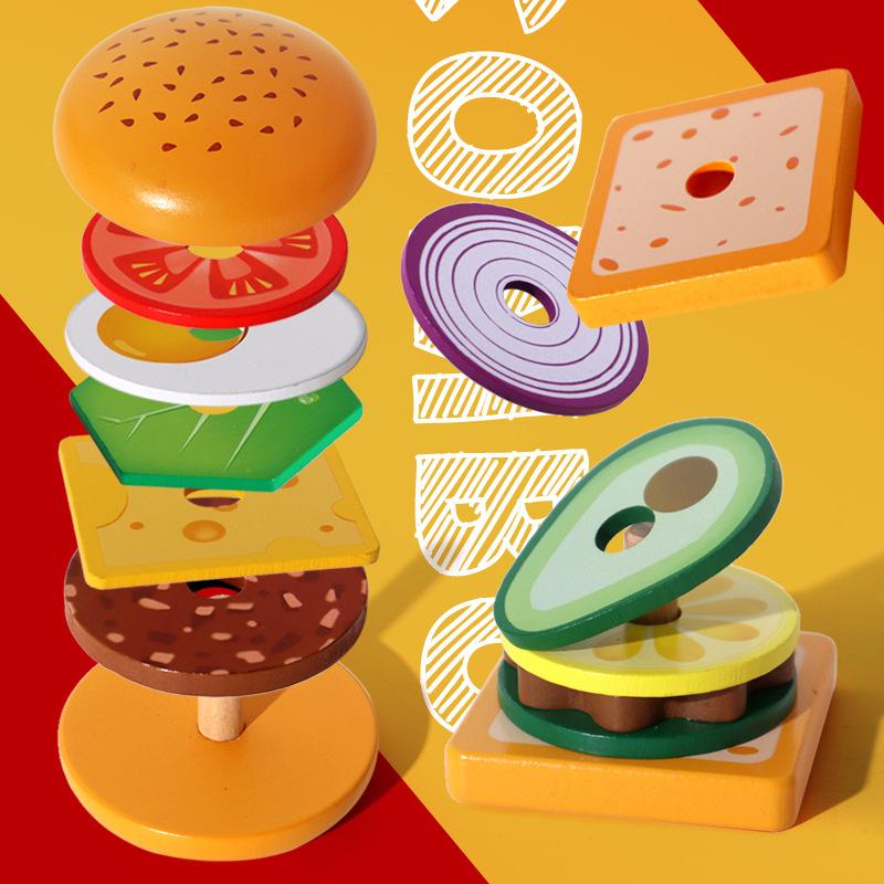Wooden Sandwich Burger Sorting Stacking Toys Simulated Kitchen Toys Kids Preschool Education Toy