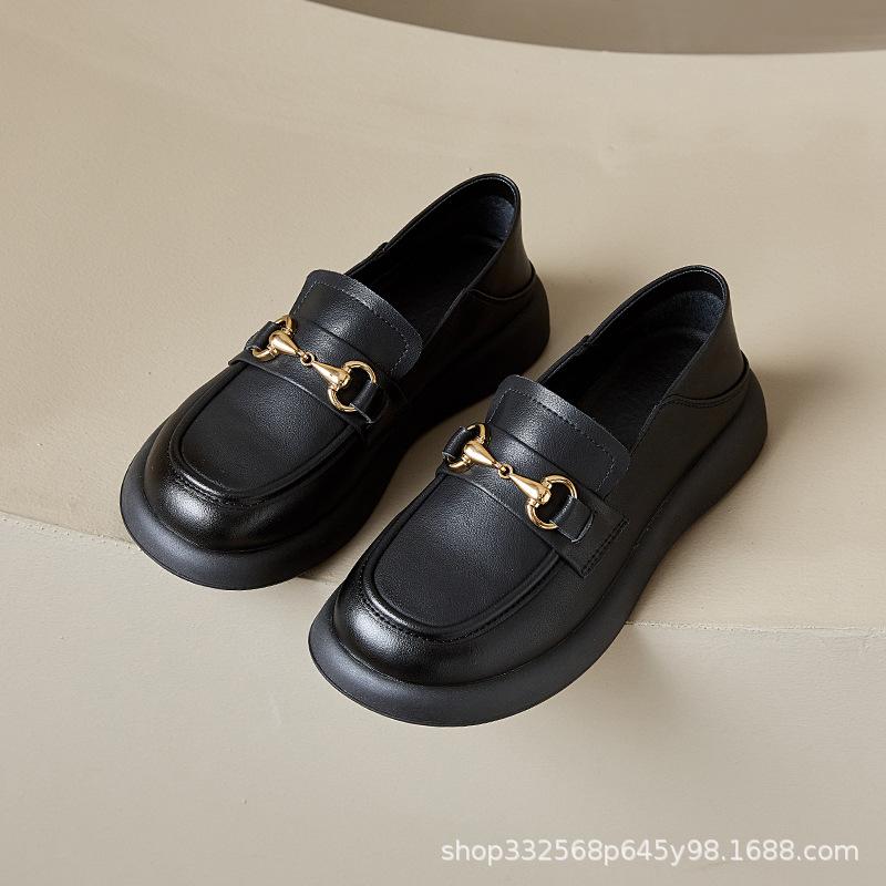 Leather Women's 2026 Spring and Autumn New Thick-soled Heightening Soft-soled Black British-style Small Leather Shoes