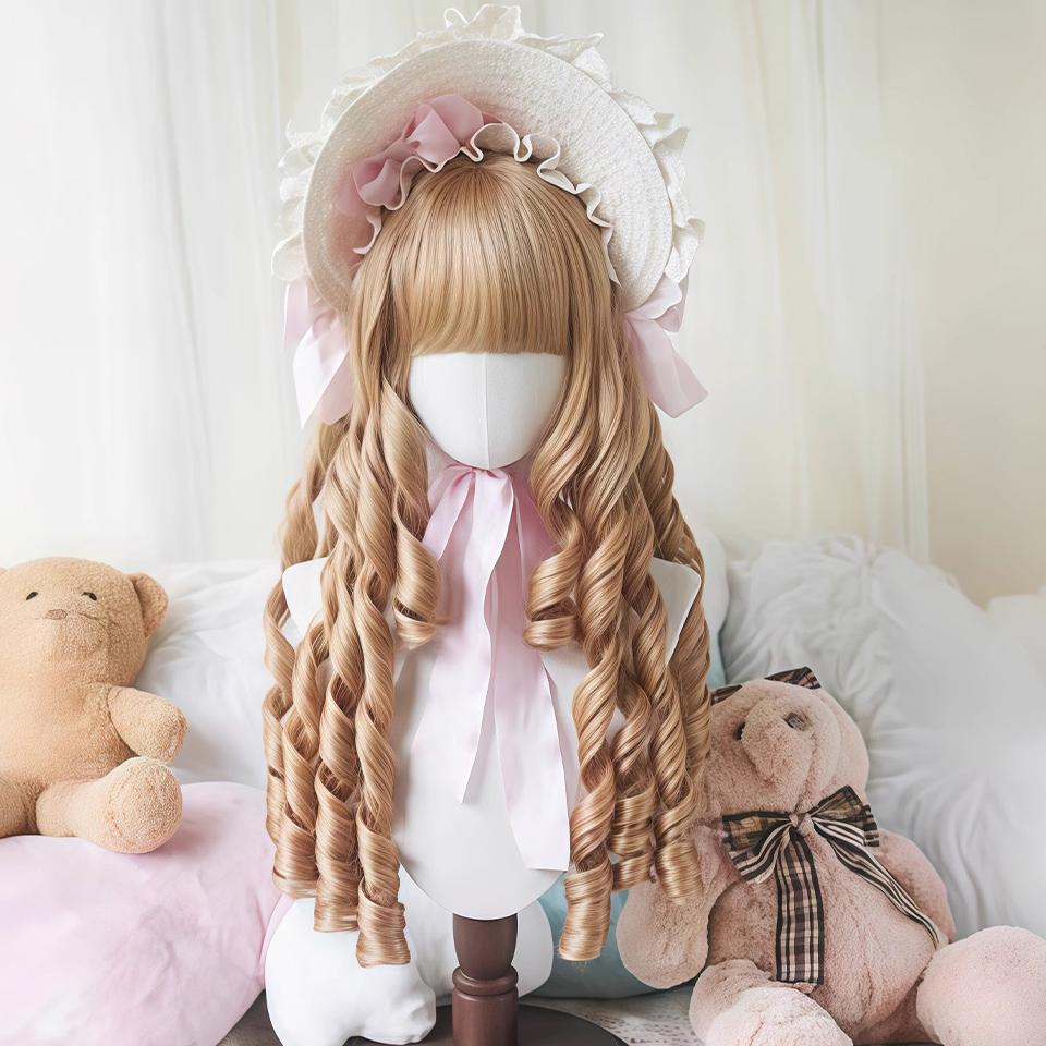 

120 см синтетический длинный вьющийся парик для косплея с челкой, блондинка, красный, коричневый, розовый, парик Лолиты, женский парик для косплея на Хэллоуин, женский