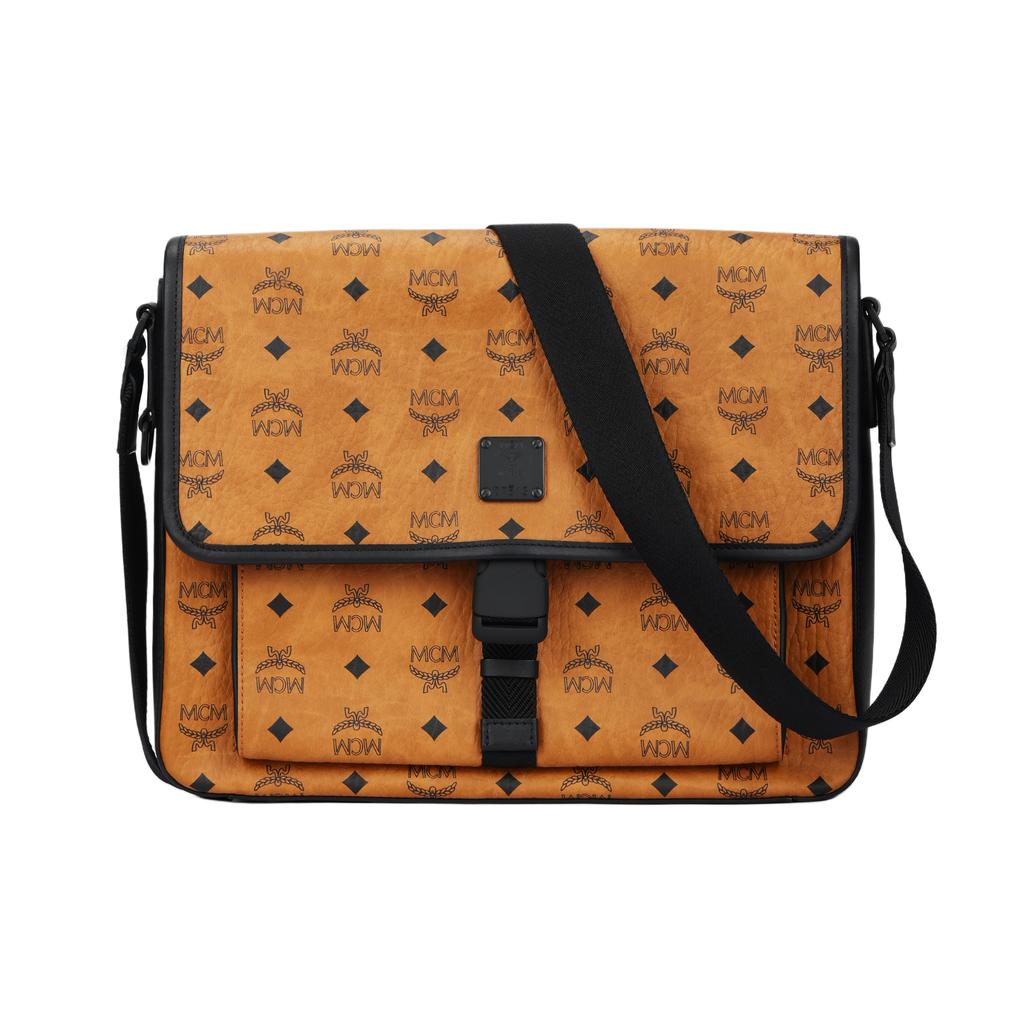 New MCM Klassik Visetos Cow Leather Messenger Bag, Shoulder Bag, Crossbody Bag Medium Men's Brown Cognac & Black MMMCAKK02CO001