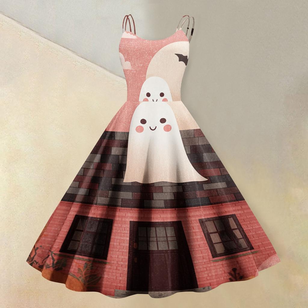 Women's Sleeveless Casual Dress Halloween Print Round Neck Vintage Style Spaghetti Strap Midi Dress for Daily Wear and Seasonal Events