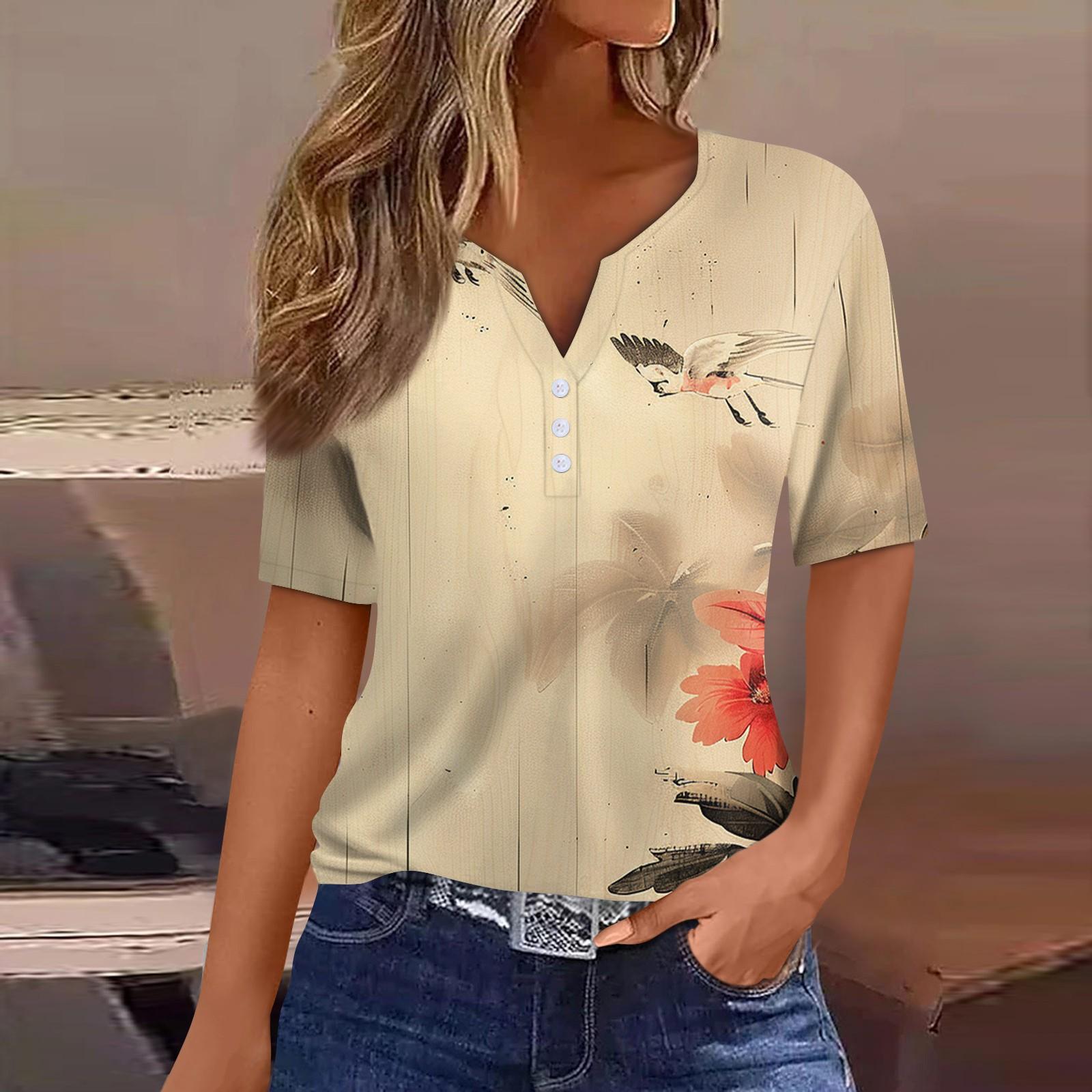 

Жен. Футболка С принтом Пуговицы С короткими рукавами Повседневные Выходные Мода Классический V-образный вырез Обычный Верх XL жёлтый