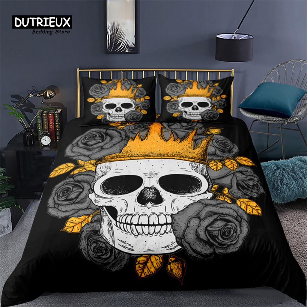 Red Rose Skull Floral Bedding Set Skeleton Flowers Green Leaves Print Duvet Cover Horror Theme Comforter Cover With Pillowcases
