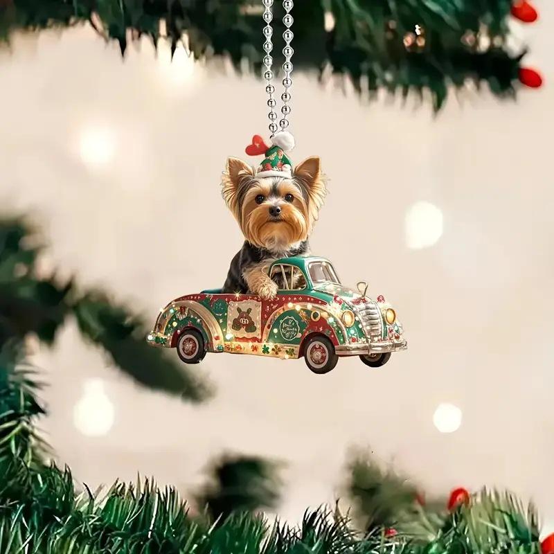 Christmas Yorkie Dog Acrylic Pendant for Car Rearview Mirror