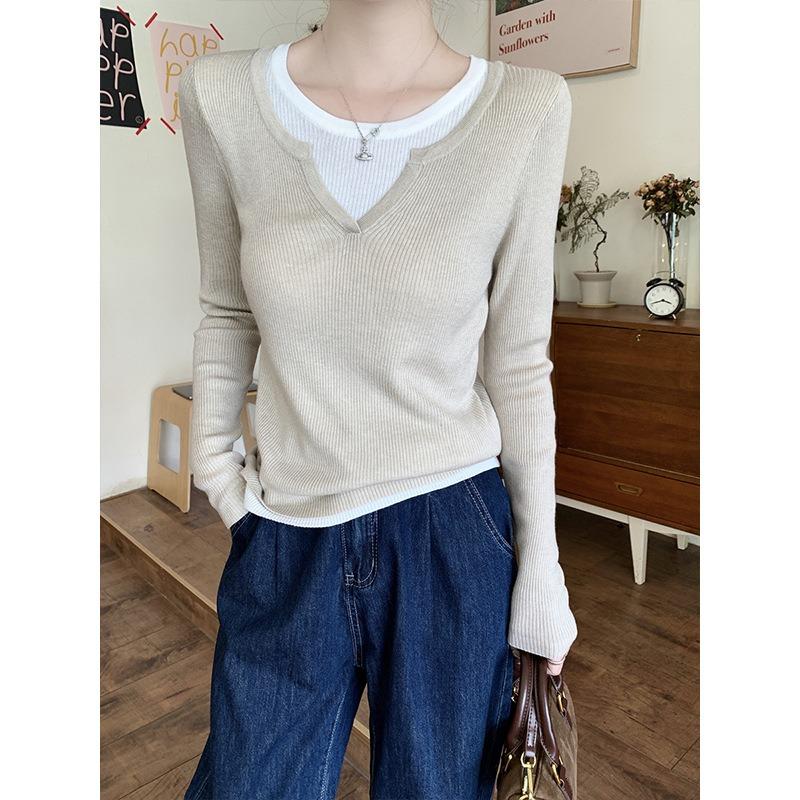 Spring splicing contrasting color fake two-piece knitted sweater femininity collar high-end long-sleeved top bottoming shirt