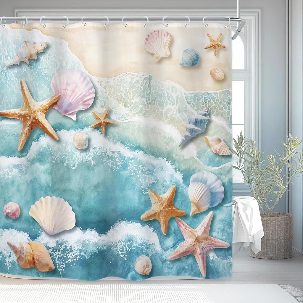 Beach Ocean Wave Shower Curtain, Blue Coastal Nautical Design, Minimalist Waterproof Polyester Art Print